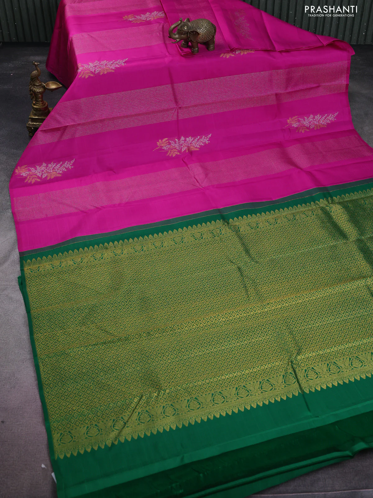 Pure kanchipuram silk saree pink and green with allover silver & gold zari weaves in borderless style - Image 2