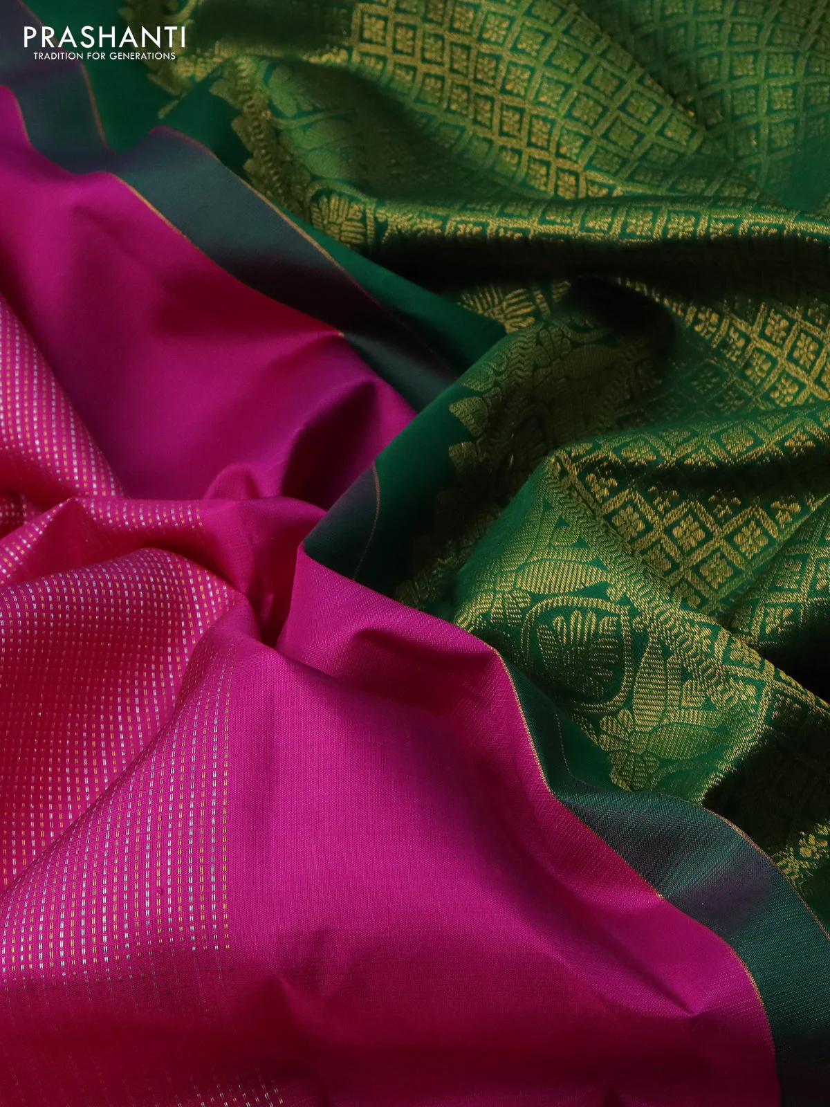 Pure kanchipuram silk saree pink and green with allover silver & gold zari weaves in borderless style - Image 3