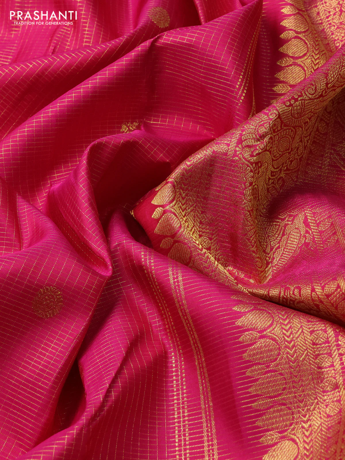 Pure kanchipuram silk saree pink and green with allover zari checks & buttas and zari woven border - Image 4