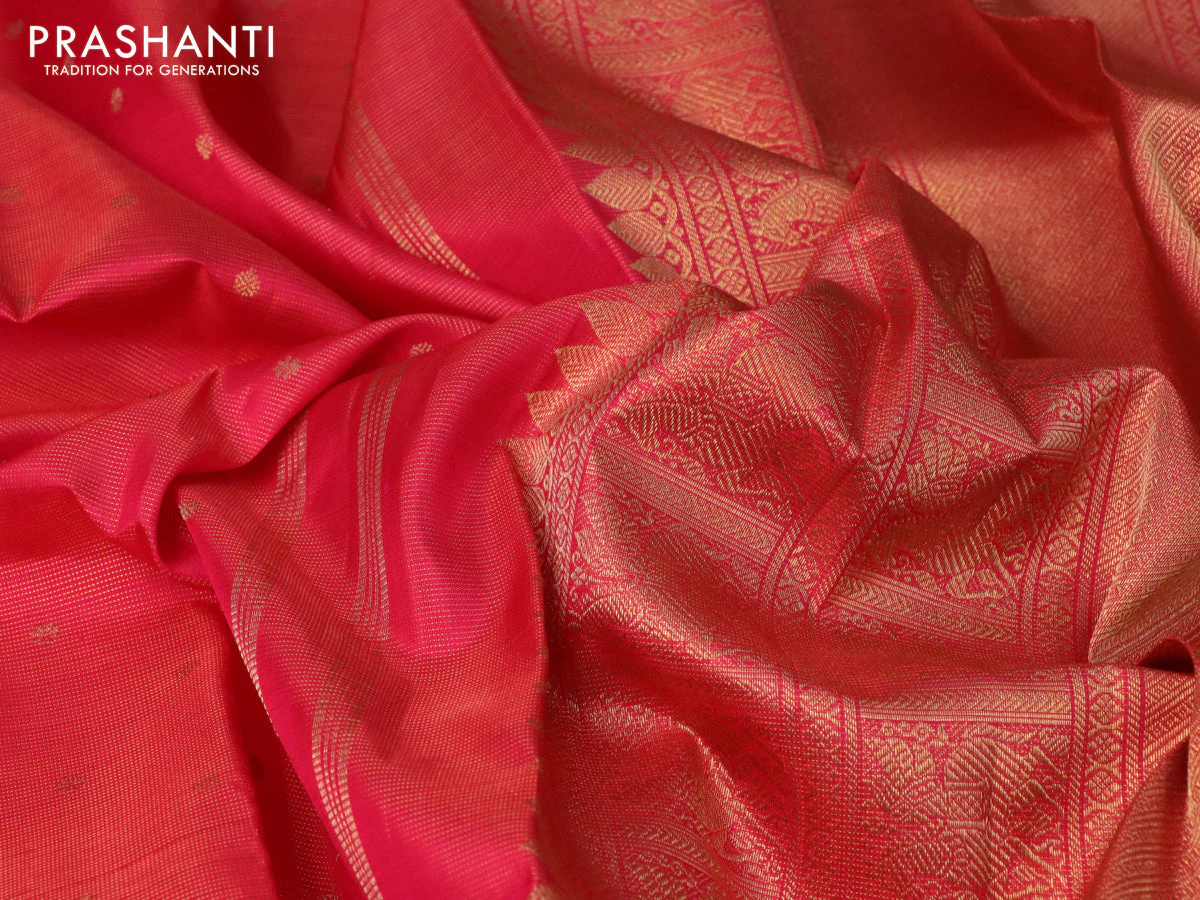 Pure kanchipuram silk saree pink and green with allover zari weaves & buttas and zari woven border - Image 4