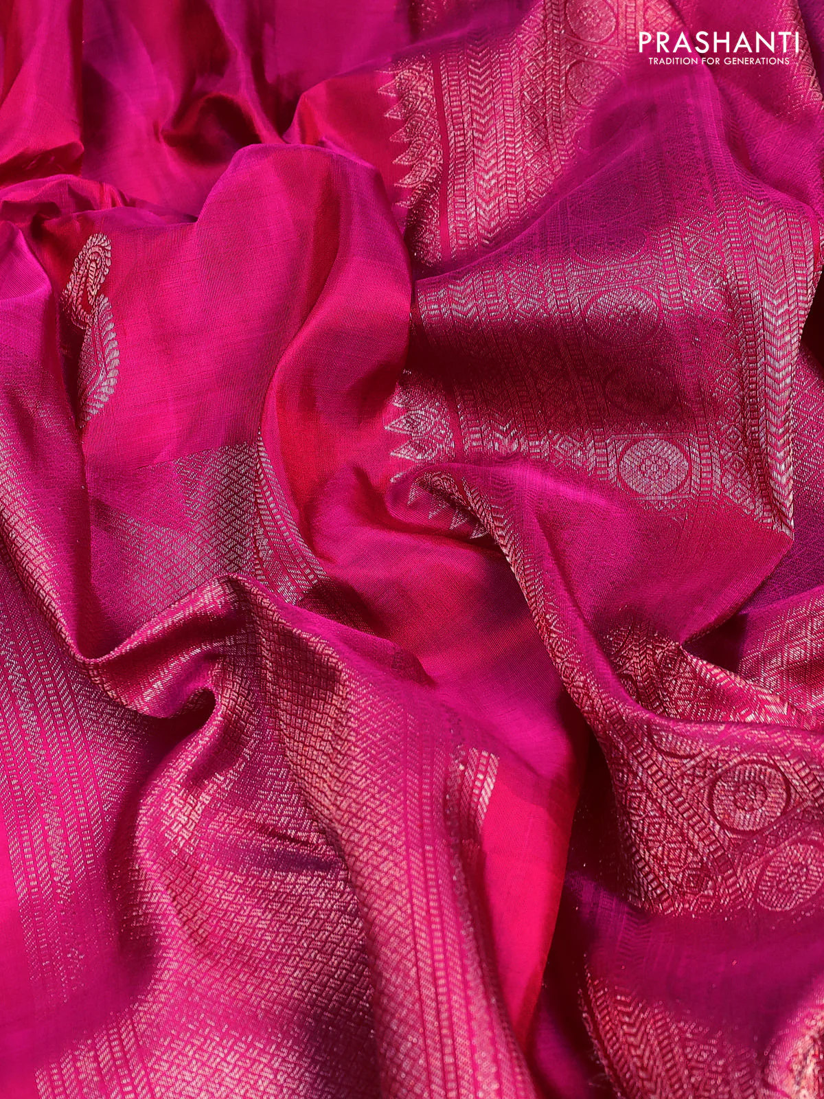 Pure kanchipuram silk saree pink and green with allover zari weaves & buttas in borderless style - Image 3