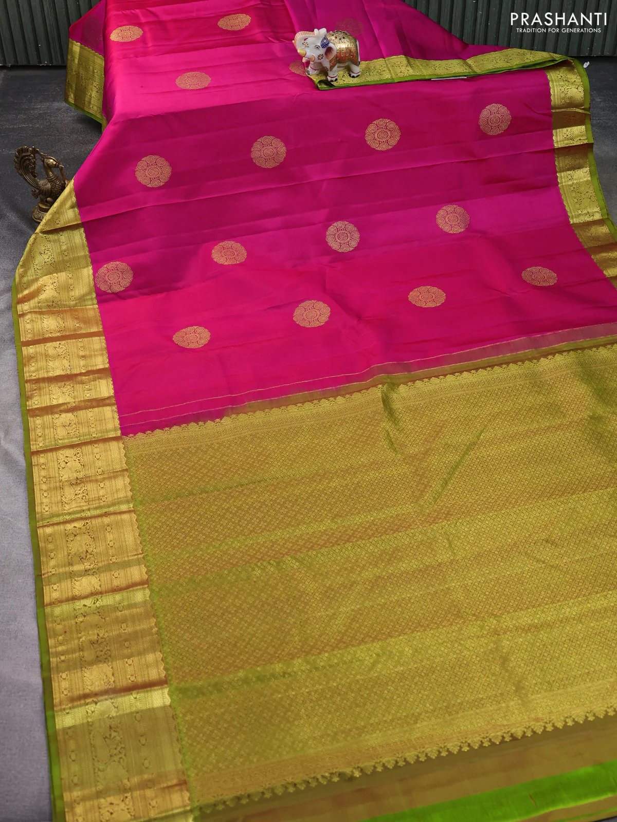 Pure kanchipuram silk saree pink and light green with zari woven buttas and zari woven border - Image 2