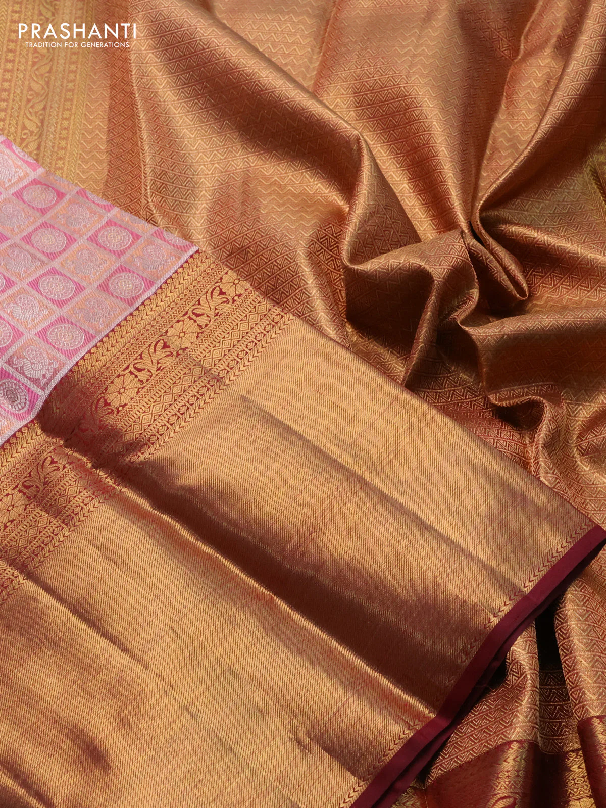 Pure kanchipuram silk saree pink and maroon with allover annam & chakkaram buttas and long rich zari woven border - Image 3
