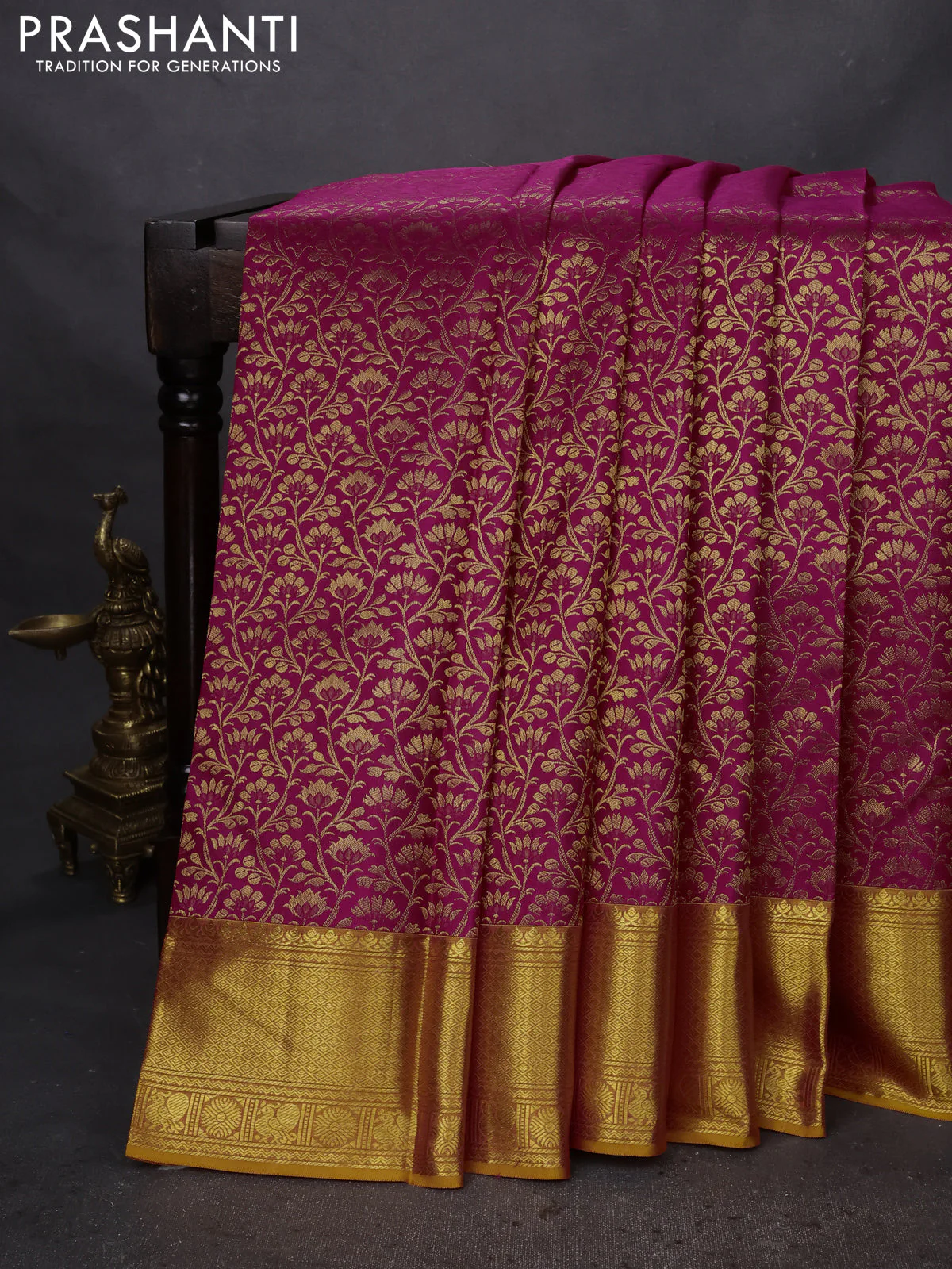 Pure kanchipuram silk saree pink and mustard yellow with allover zari woven brocade weaves and zari woven border - Image 2