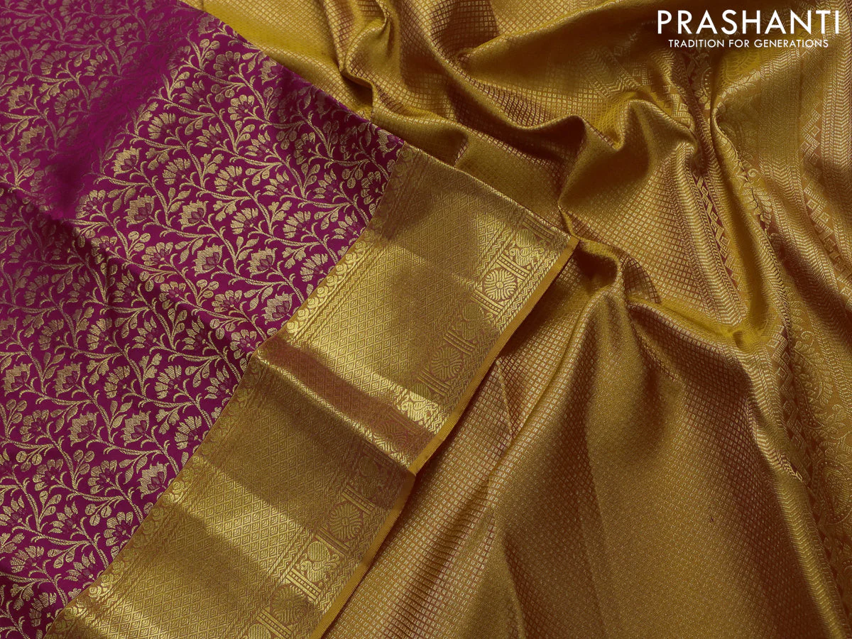 Pure kanchipuram silk saree pink and mustard yellow with allover zari woven brocade weaves and zari woven border - Image 4