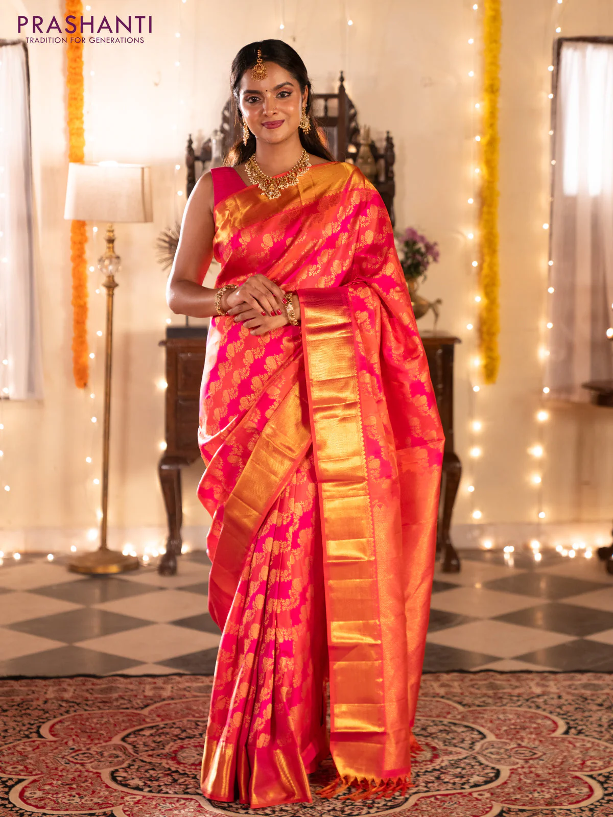 Pure kanchipuram silk saree pink and orange with allover zari woven stripes pattern and zari woven border - Image 2