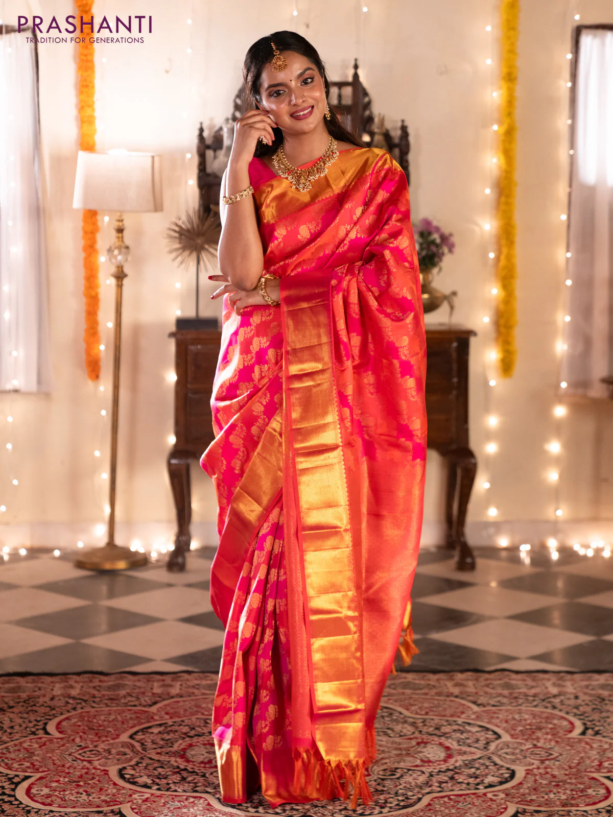 Pure kanchipuram silk saree pink and orange with allover zari woven stripes pattern and zari woven border - Image 3