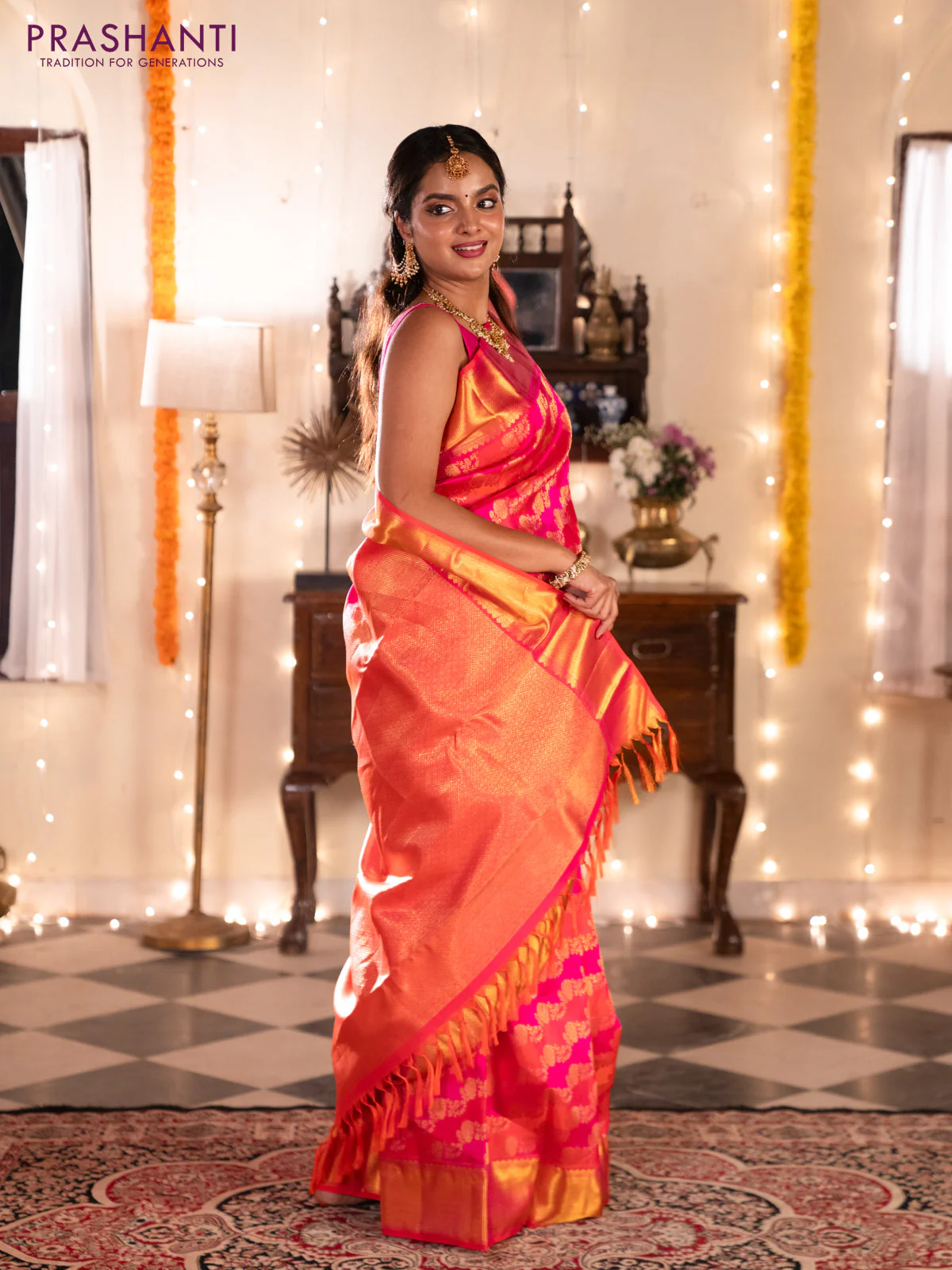 Pure kanchipuram silk saree pink and orange with allover zari woven stripes pattern and zari woven border - Image 4