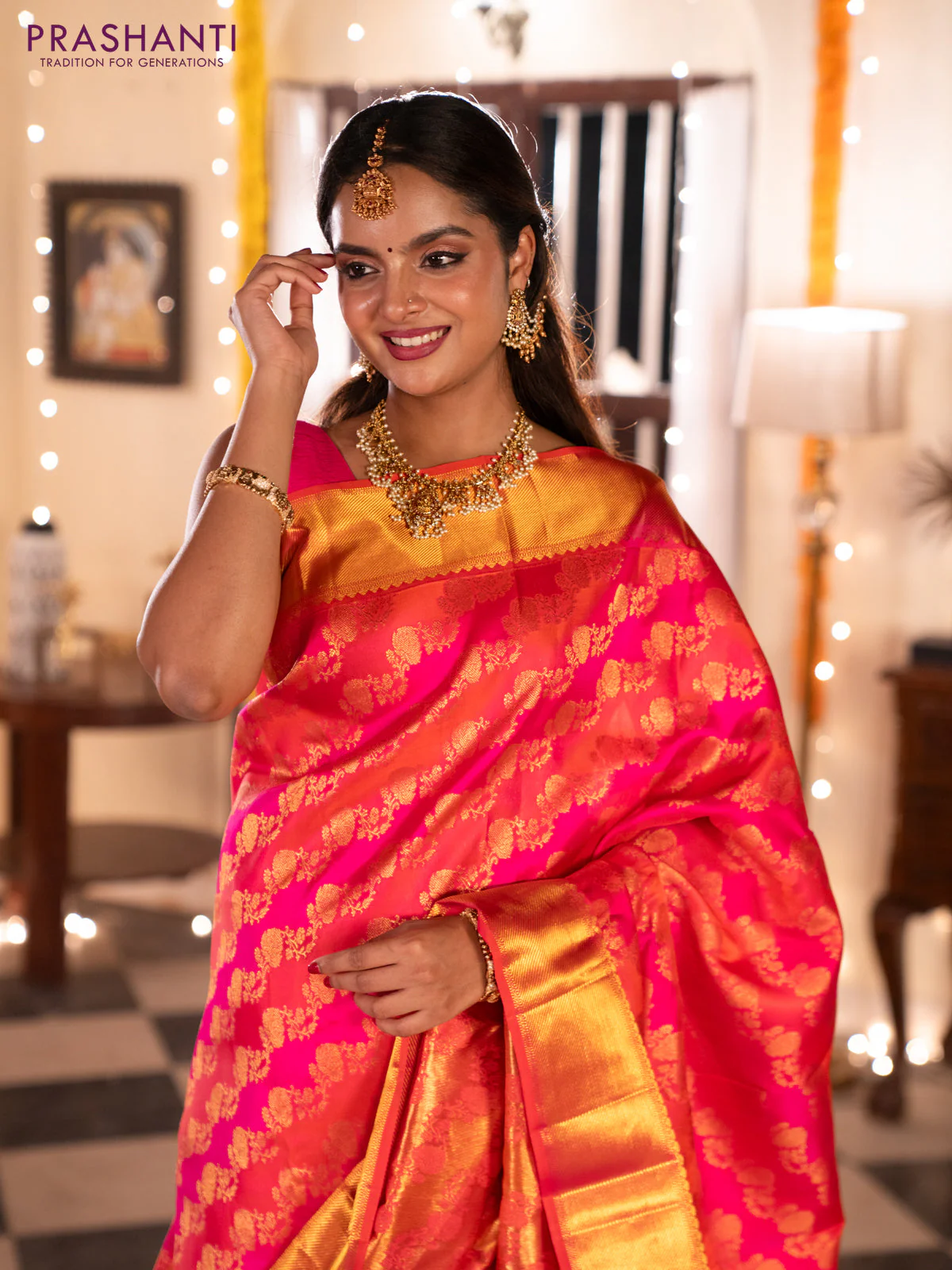 Pure kanchipuram silk saree pink and orange with allover zari woven stripes pattern and zari woven border - Image 5