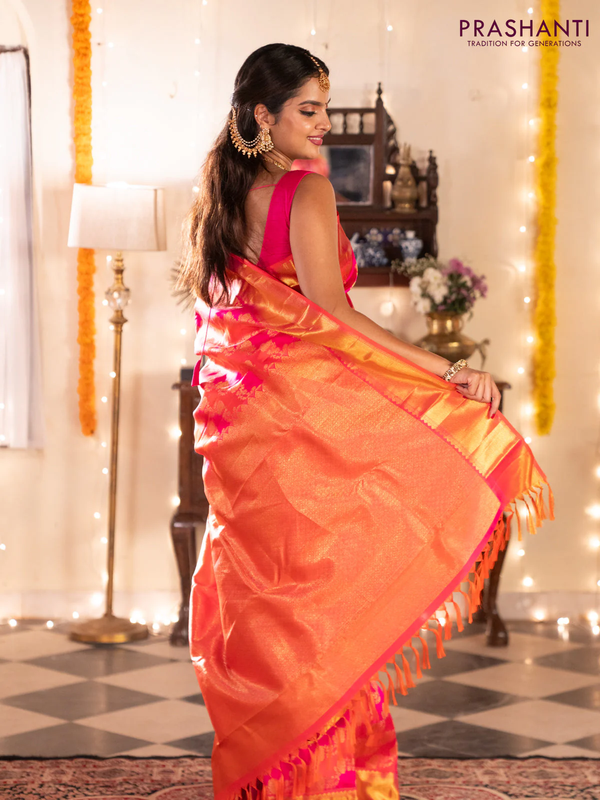 Pure kanchipuram silk saree pink and orange with allover zari woven stripes pattern and zari woven border - Image 6