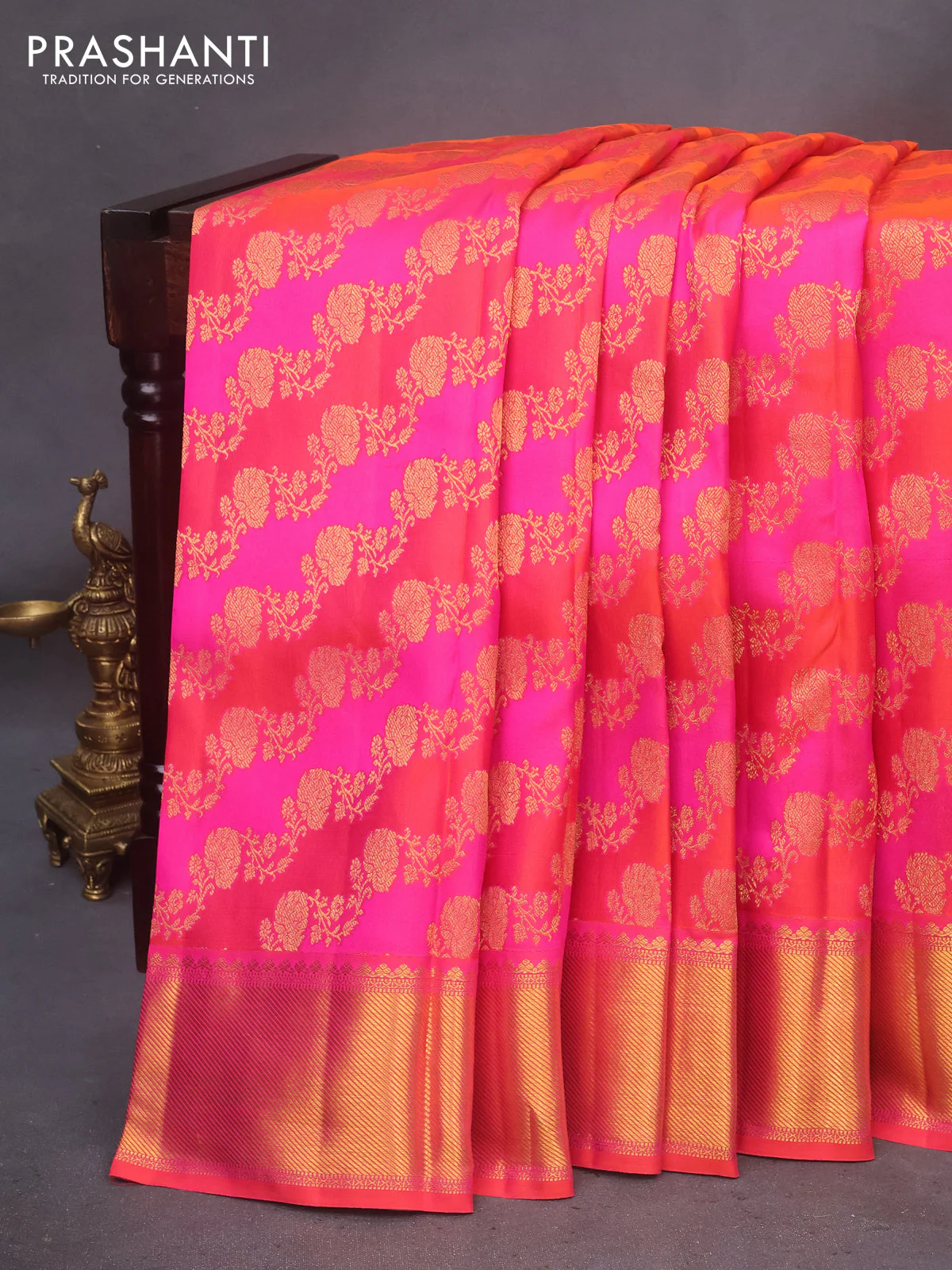Pure kanchipuram silk saree pink and orange with allover zari woven stripes pattern and zari woven border - Image 7