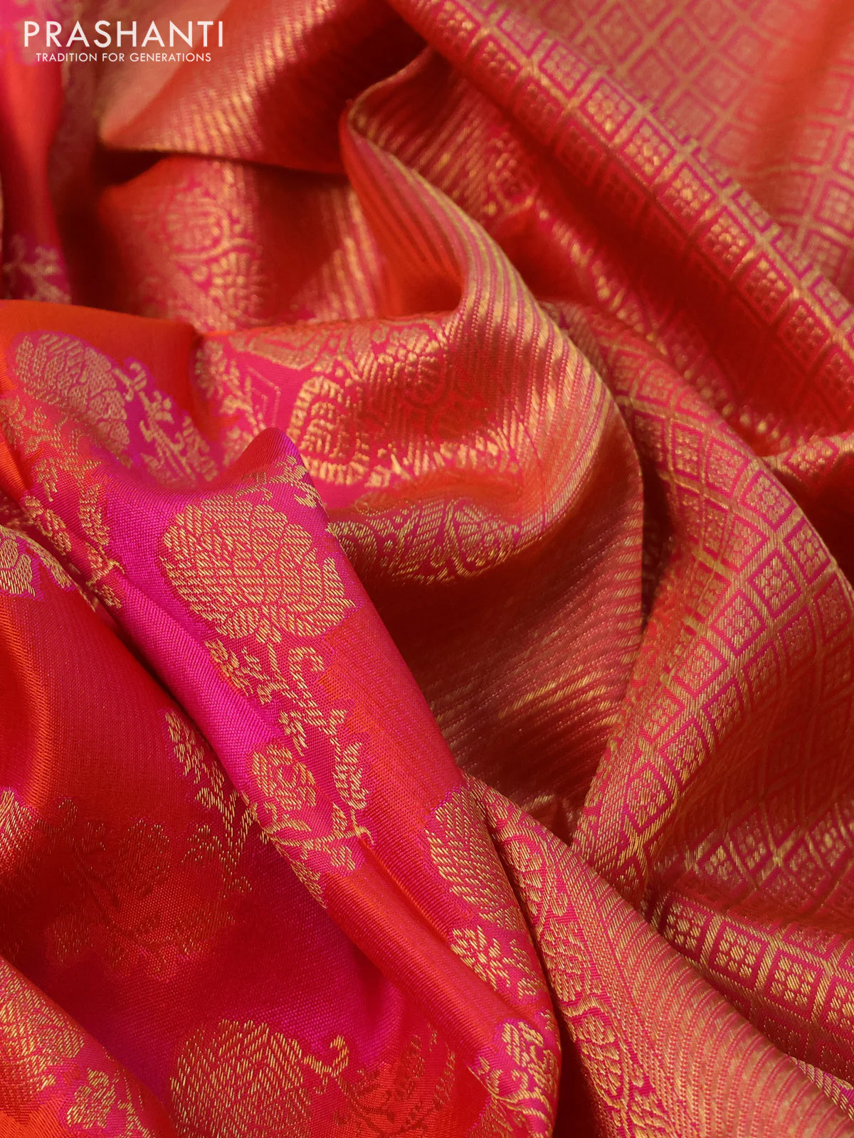 Pure kanchipuram silk saree pink and orange with allover zari woven stripes pattern and zari woven border - Image 9