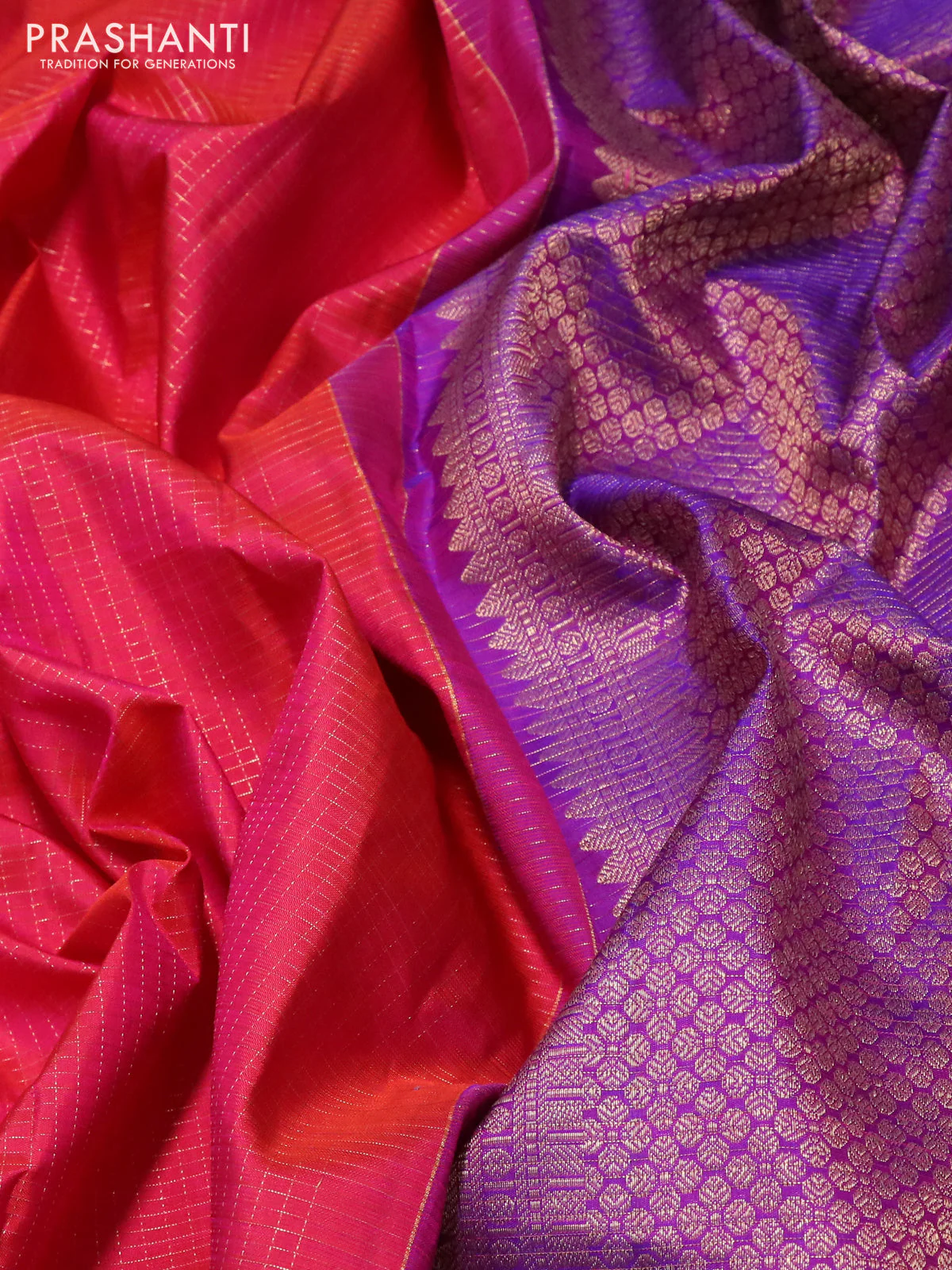 Pure kanchipuram silk saree pink and purple with allover small zari checked pattern and long zari woven butta border - Image 3