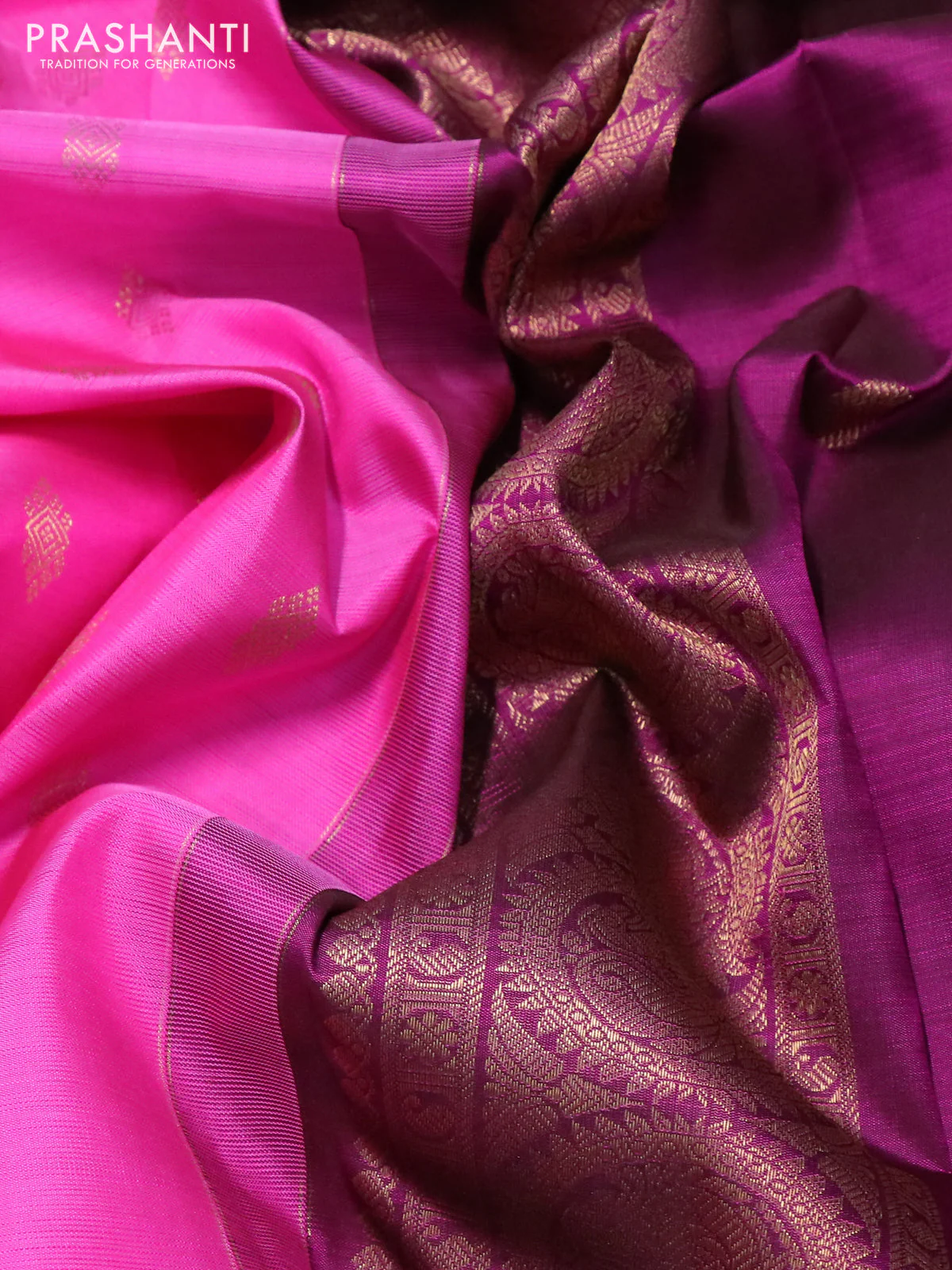 Pure kanchipuram silk saree pink and purple with zari woven buttas and rich zari woven border - Image 3