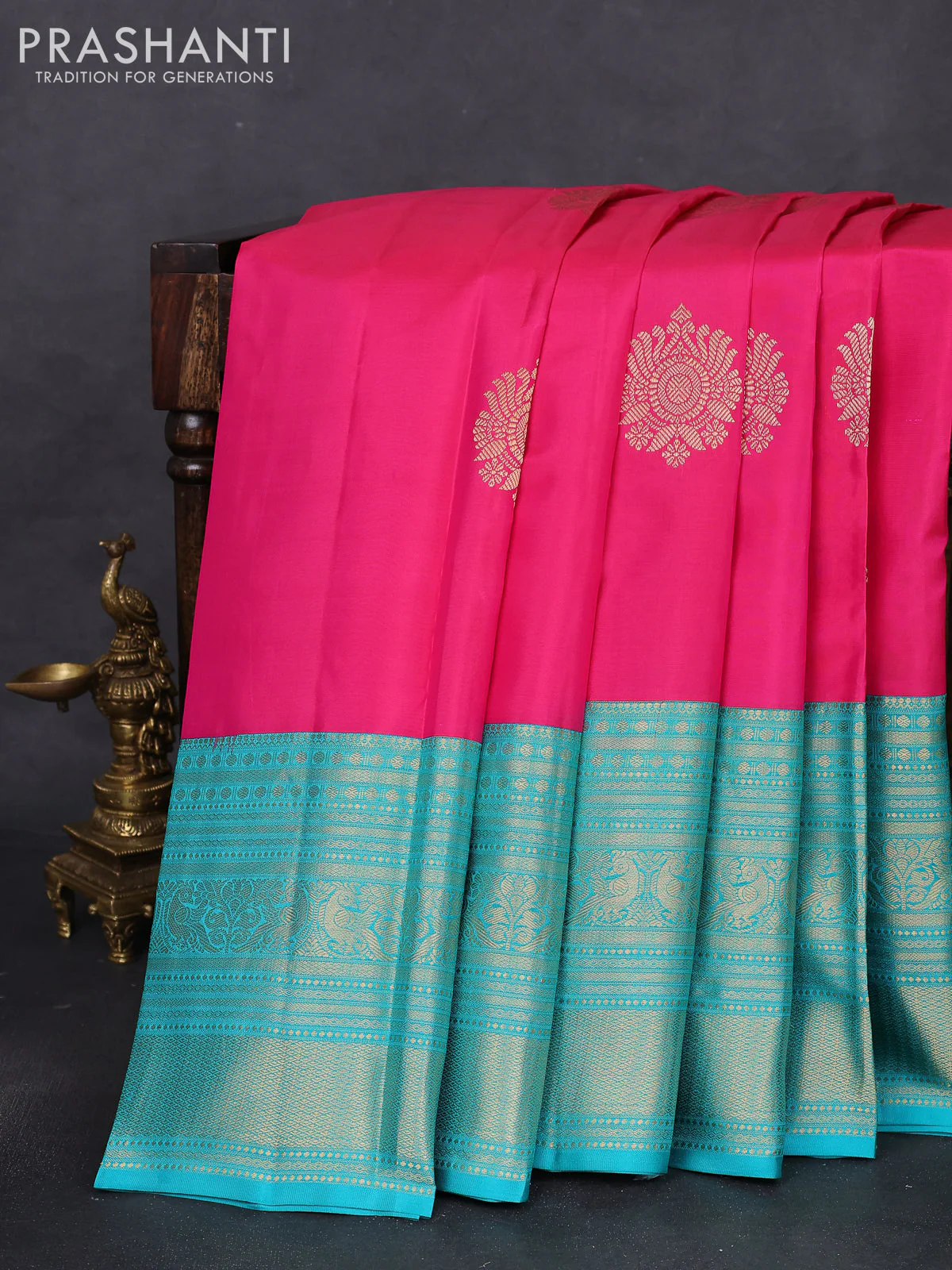 Pure kanchipuram silk saree pink and teal blue with zari woven buttas and long zari woven korvai border