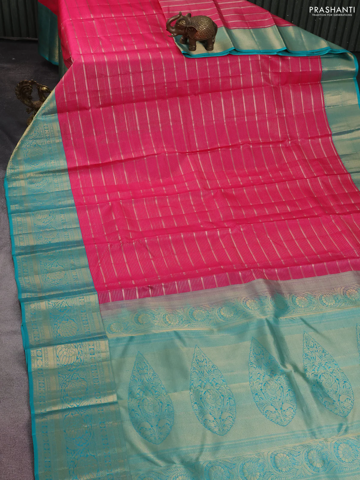 Pure kanchipuram silk saree pink and teal green with allover zari woven stripes pattern and zari woven border - Image 2