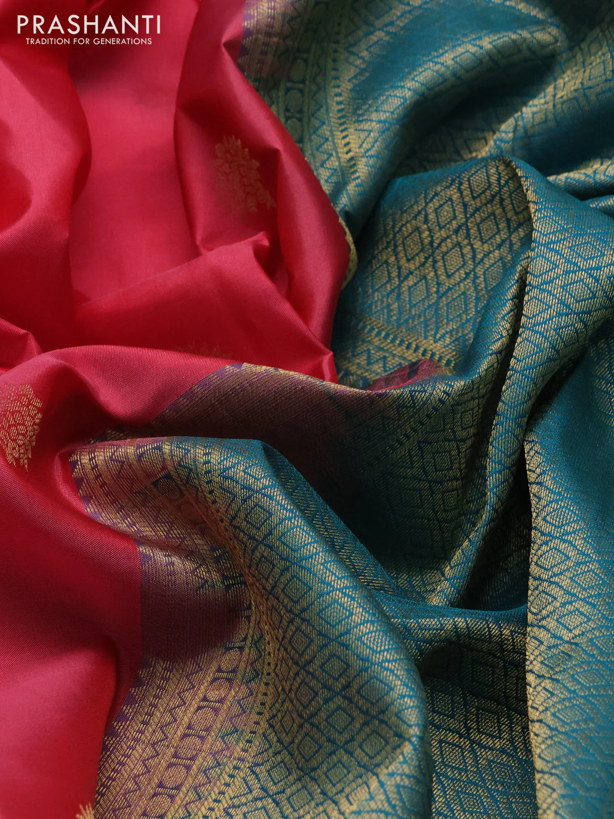 Pure kanchipuram silk saree pink and teal green with floral zari woven buttas and zari woven korvai border - Image 3