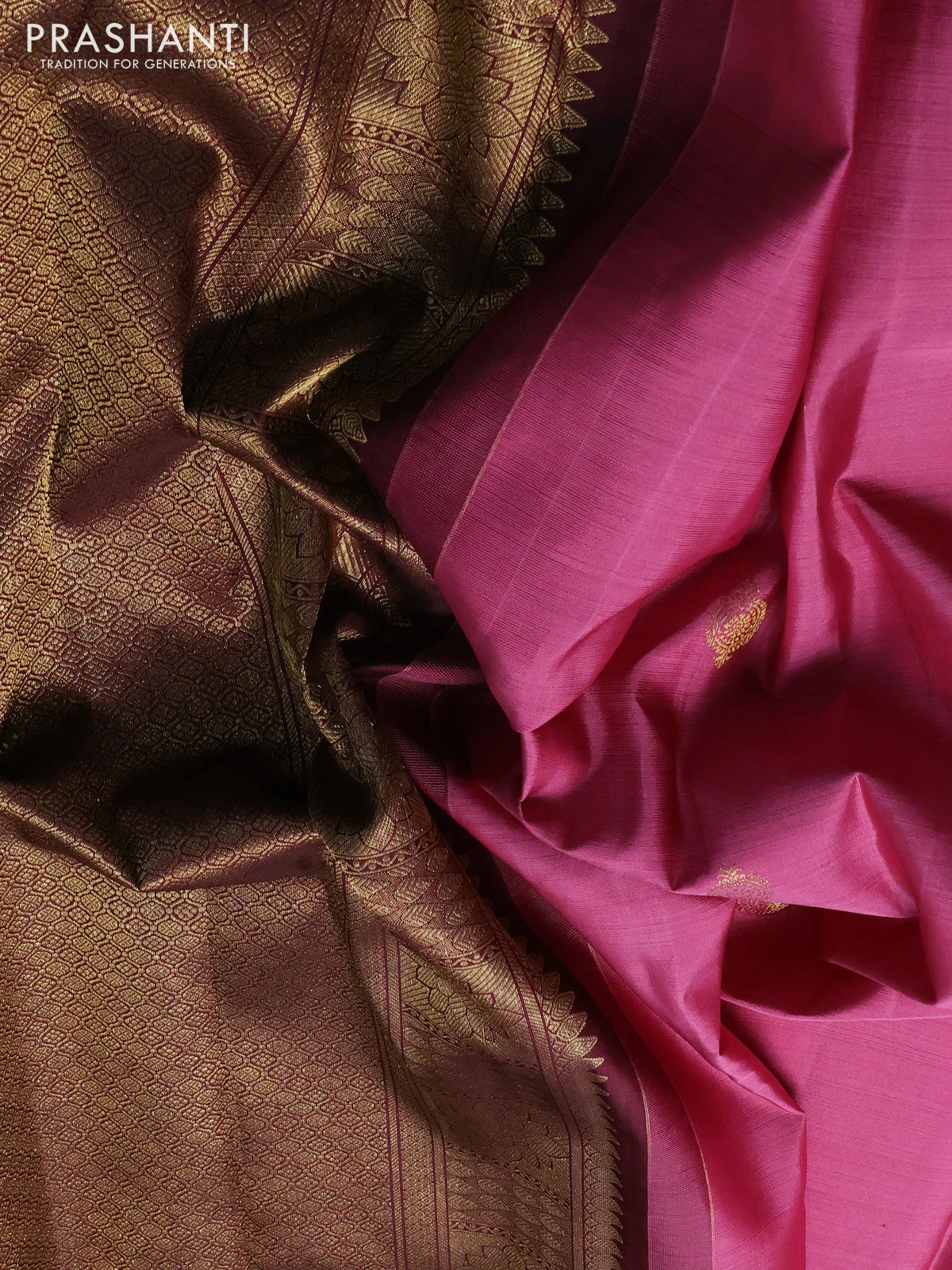 Pure kanchipuram silk saree pink and wine shade with zari woven buttas and rettapet zari woven border - Image 3