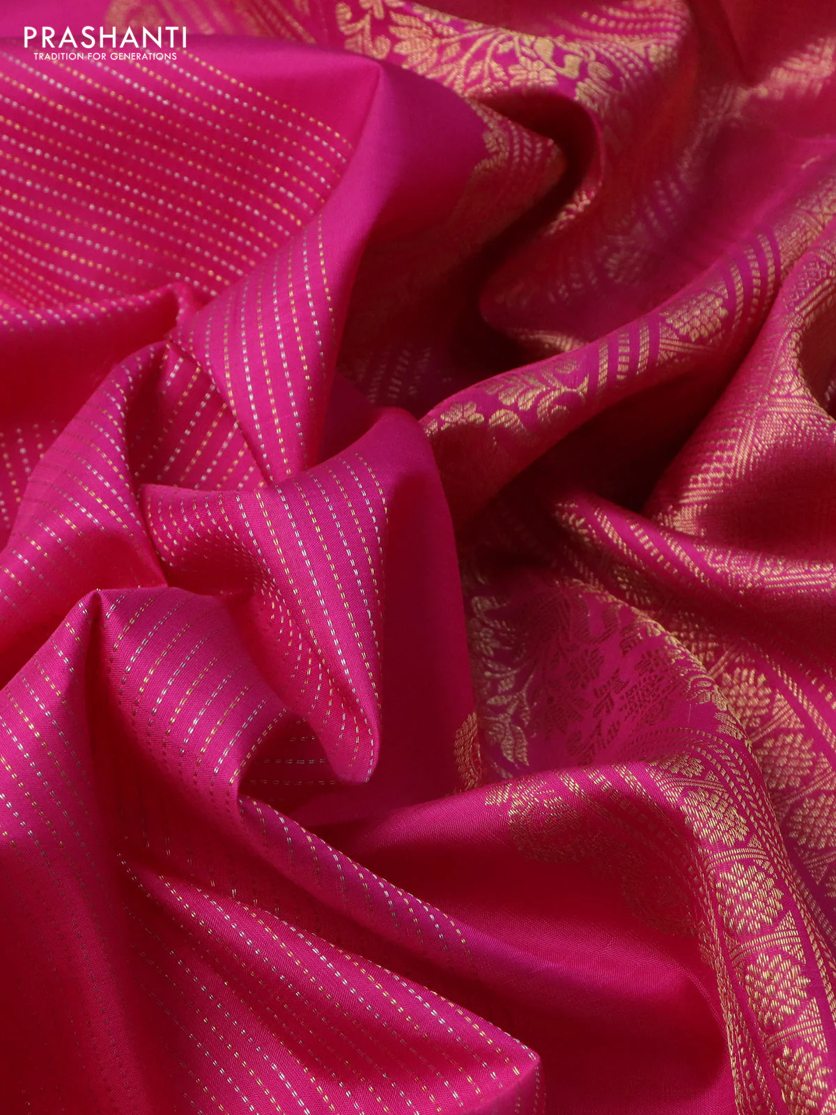 Pure kanchipuram silk saree pink with allover silver gold zari weaves & paisley buttas in borderless style - Image 3