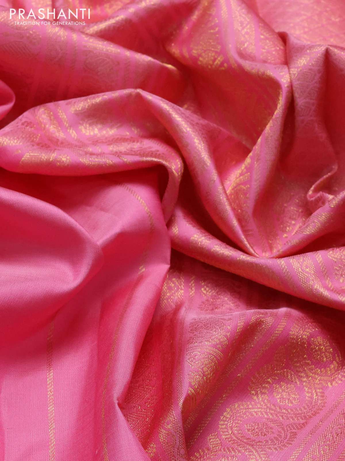 Pure kanchipuram silk saree pink with zari woven buttas and long zari woven border - Image 3