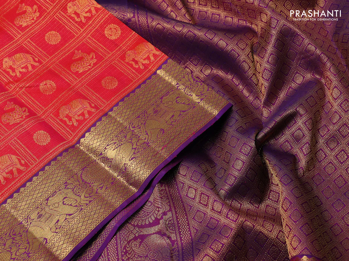 Pure kanchipuram silk saree pinkish orange and purple with allover zari woven checks & buttas and annam & elephant zari woven border - Image 4