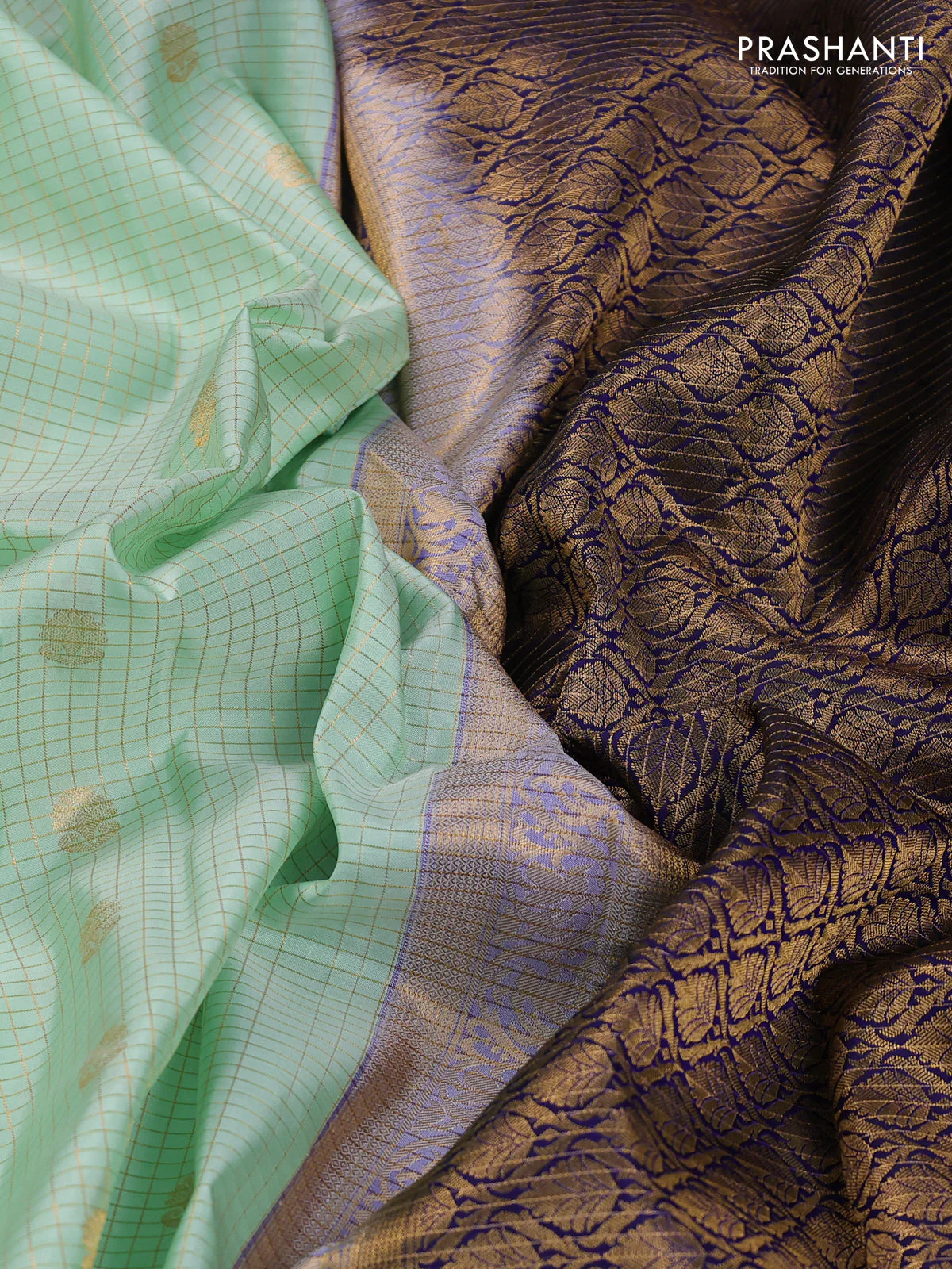 Pure kanchipuram silk saree pista green and blue with allover zari checks & buttas and rettapet zari woven korvai border - Image 3