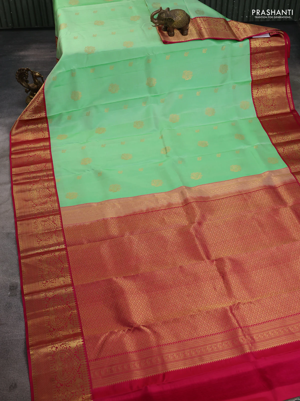Pure kanchipuram silk saree pista green and pink with zari woven buttas and rich zari woven korvai border - Image 2