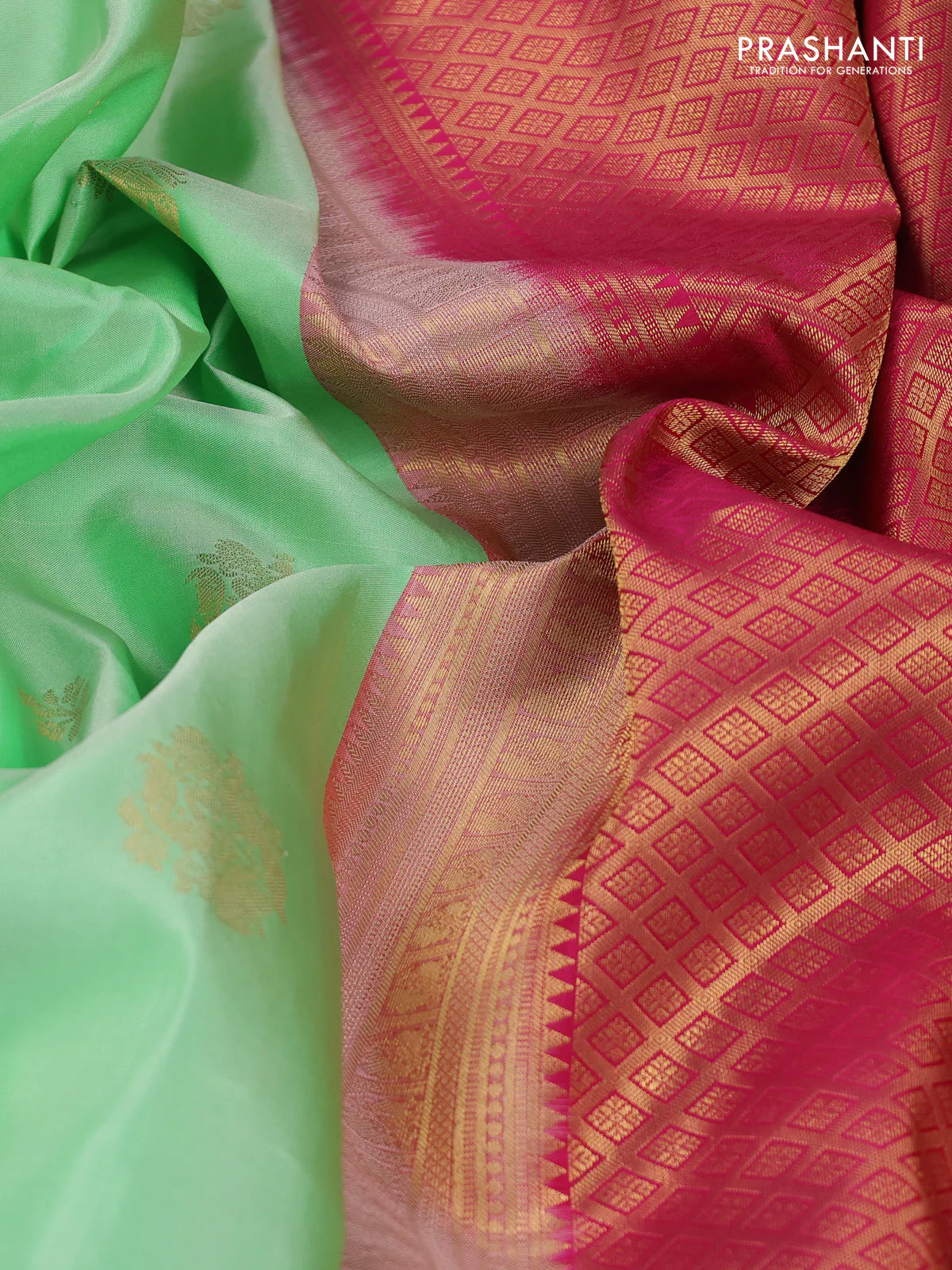 Pure kanchipuram silk saree pista green and pink with zari woven buttas and rich zari woven korvai border - Image 3