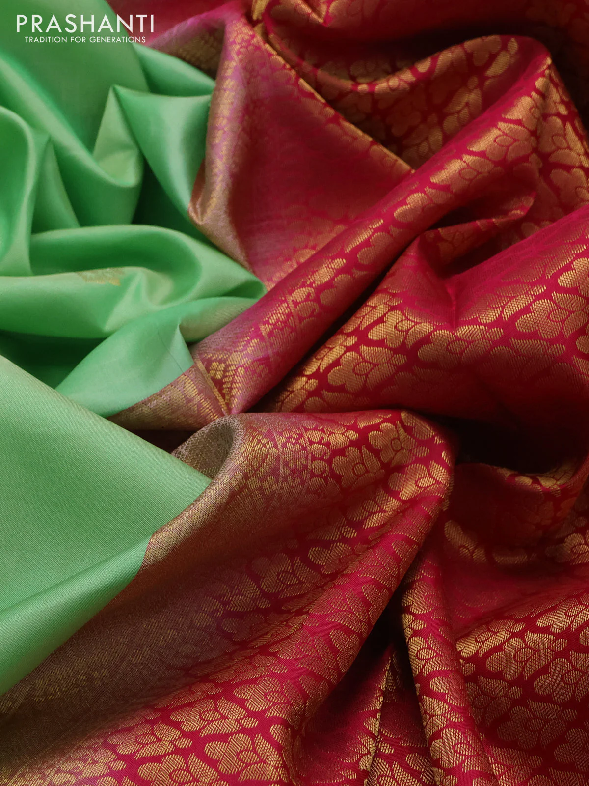 Pure kanchipuram silk saree pista green and pink with zari woven buttas and rich zari woven korvai border - Image 3