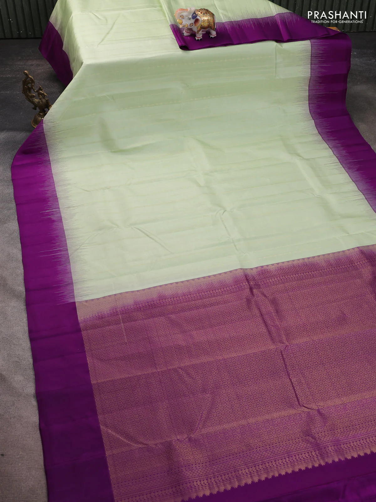 Pure kanchipuram silk saree pista green and purple with allover zari weaves and simple border - Image 2