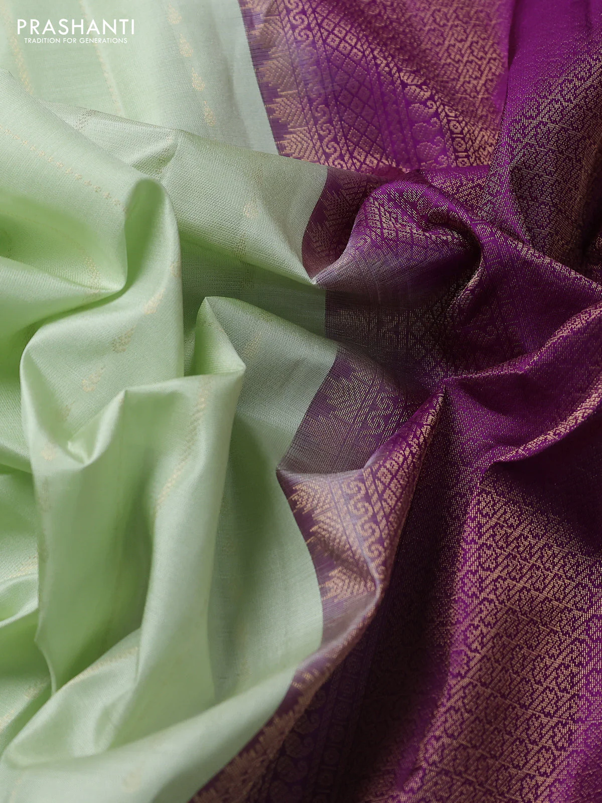 Pure kanchipuram silk saree pista green and purple with allover zari weaves and simple border - Image 3