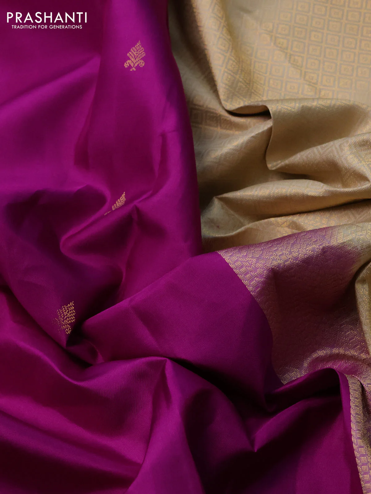 Pure kanchipuram silk saree purple and beige with zari woven buttas and zari woven butta border - Image 3