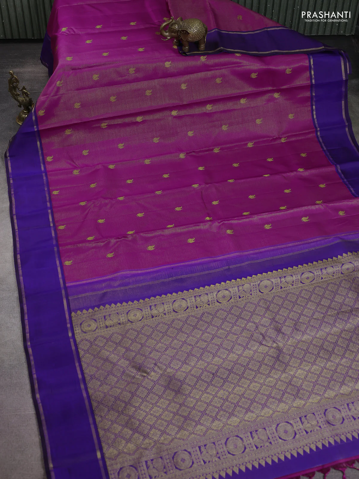 Pure kanchipuram silk saree purple and blue with allover zari weaves & buttas and rettapet zari woven border - Image 2