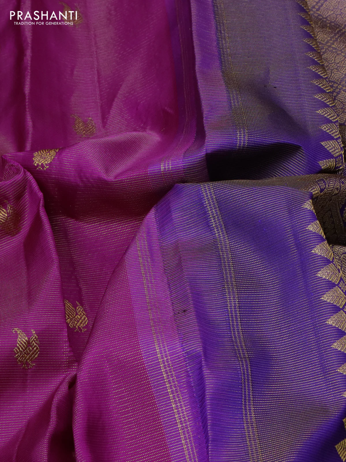 Pure kanchipuram silk saree purple and blue with allover zari weaves & buttas and rettapet zari woven border - Image 3