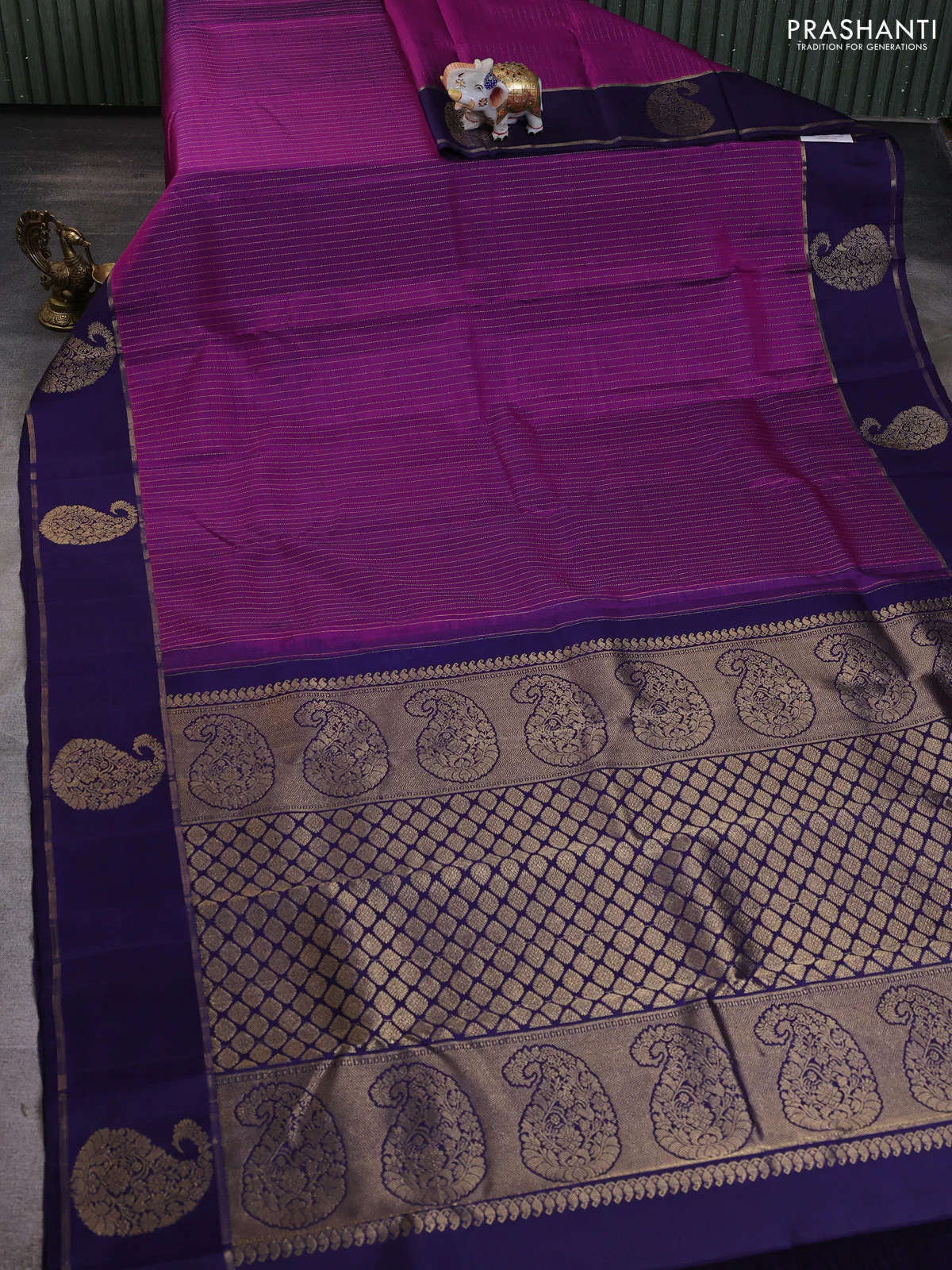 Pure kanchipuram silk saree purple and dark blue with allover zari stripe pattern and zari woven paisley butta border - Image 2