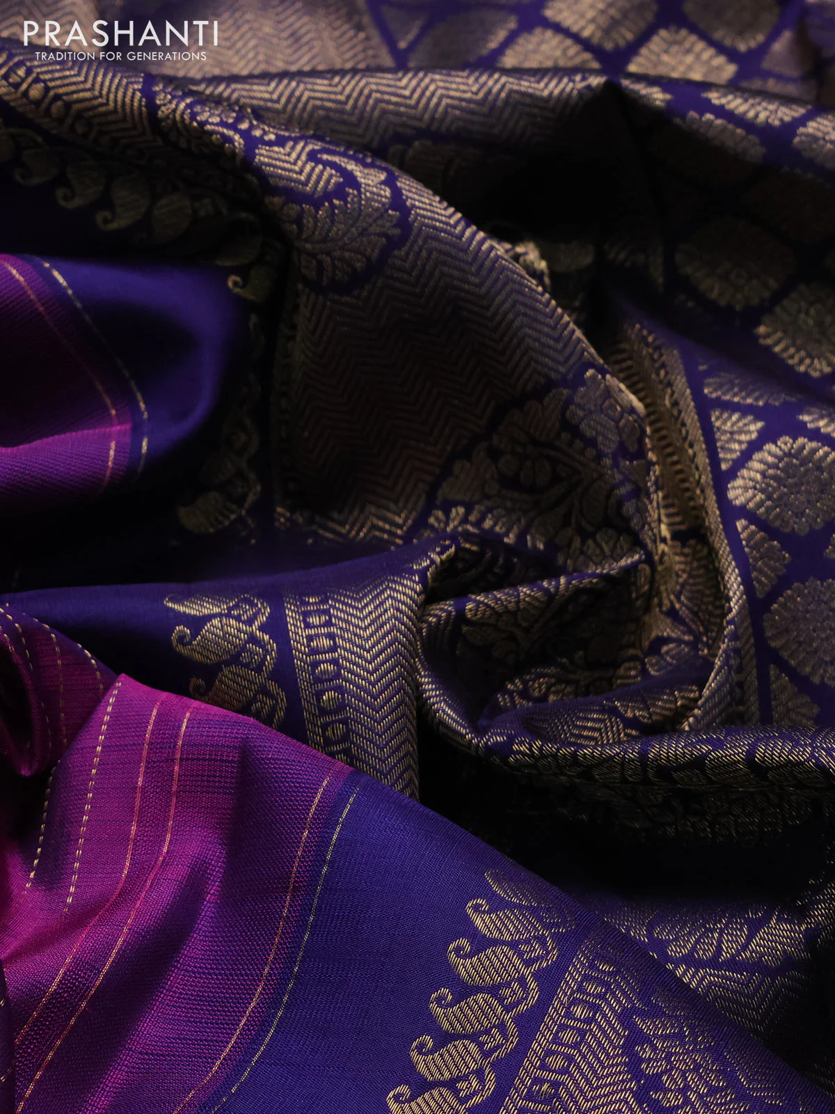 Pure kanchipuram silk saree purple and dark blue with allover zari stripe pattern and zari woven paisley butta border - Image 3