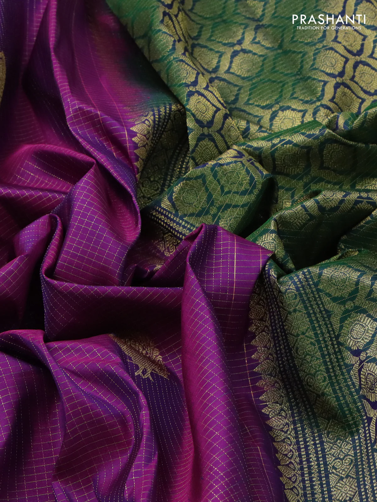 Pure kanchipuram silk saree purple and dual shade of green with allover zari checked pattern & buttas and rettapet zari woven border - Image 3