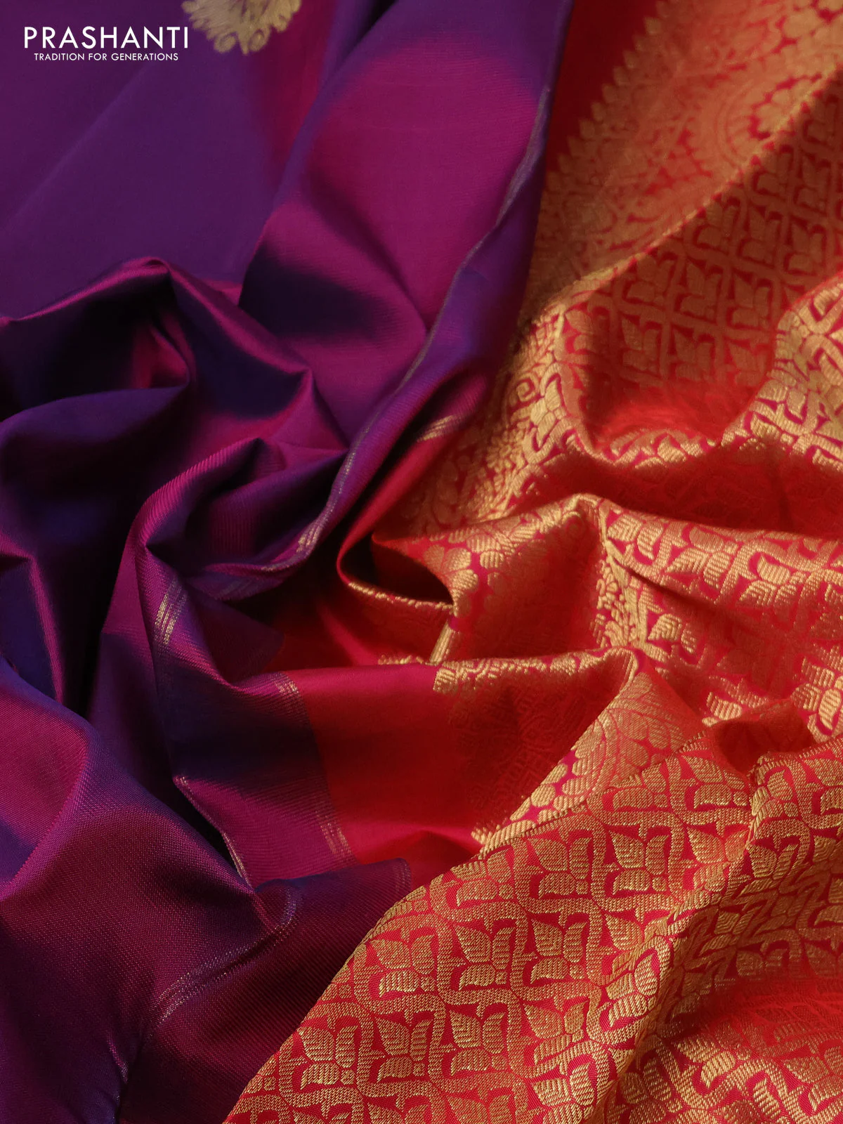 Pure kanchipuram silk saree purple and dual shade of reddish pink with zari woven floral buttas and rich zari woven border - Image 3