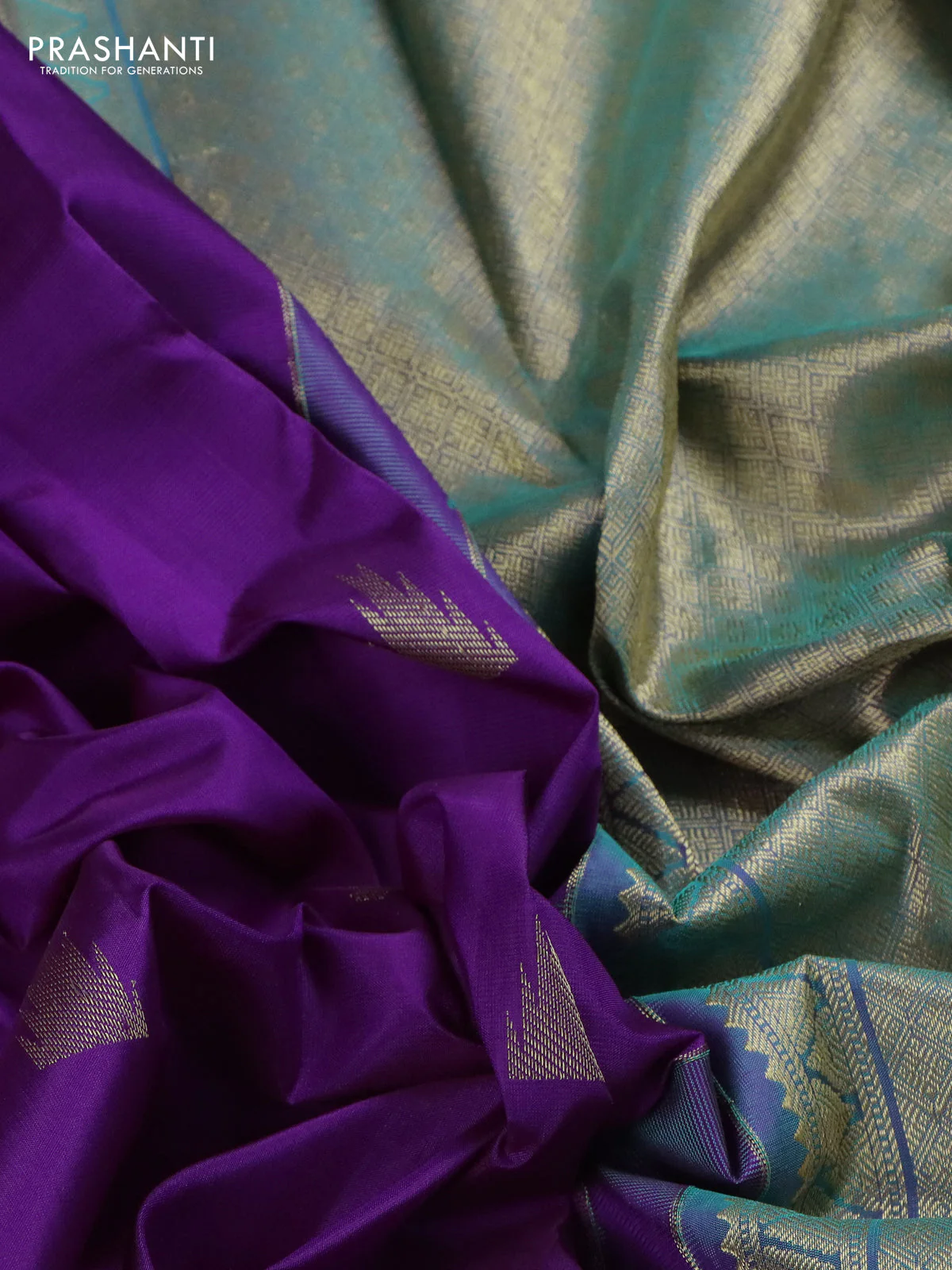 Pure kanchipuram silk saree purple and dual shade of teal green with zari woven buttas and long zari woven butta border - Image 3