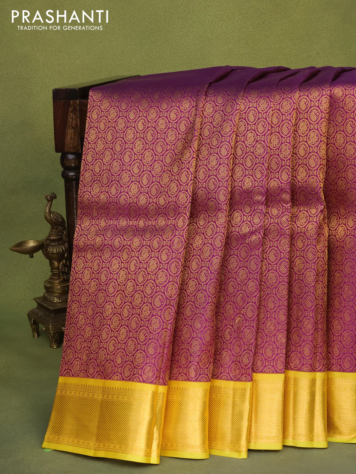 Pure kanchipuram silk saree purple and lime yellow with allover zari woven brocade weaves and zari woven korvai border - Image 2