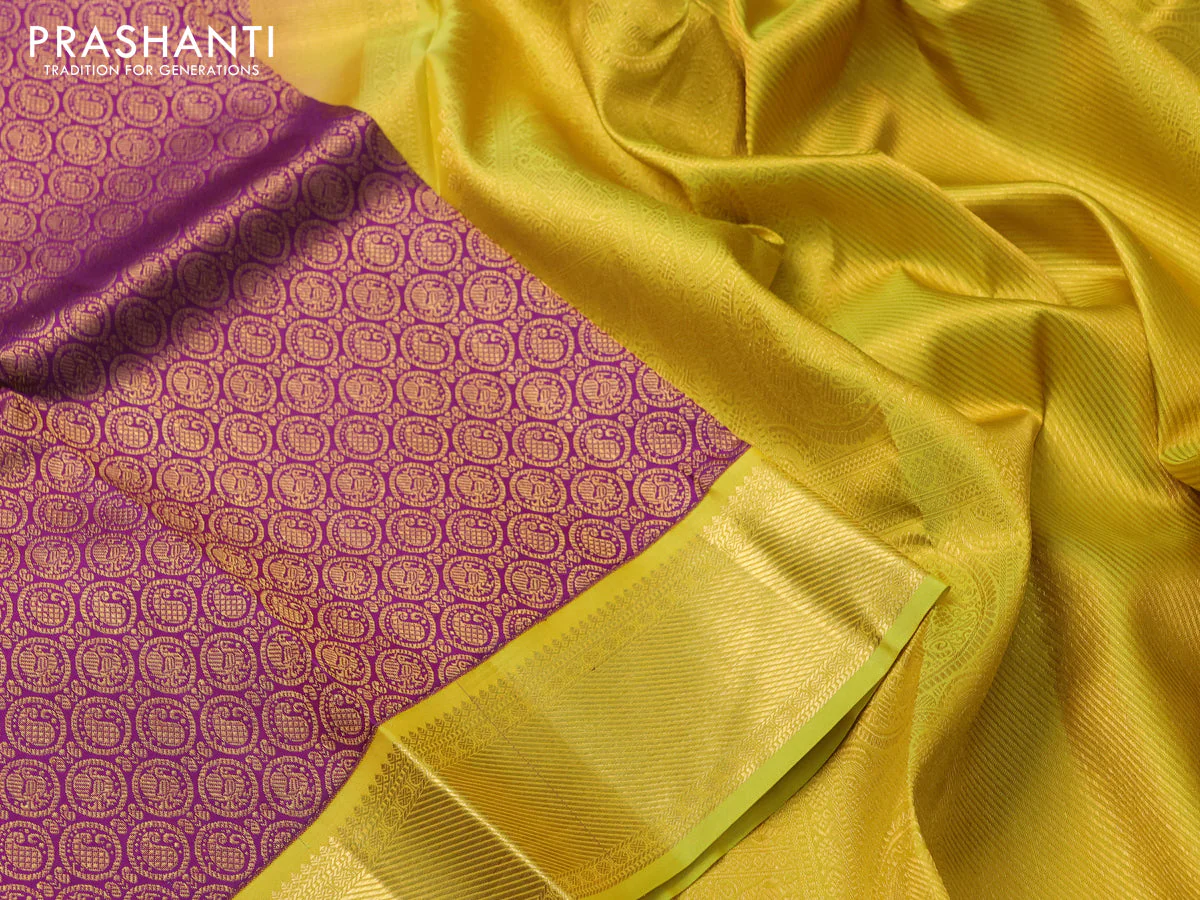 Pure kanchipuram silk saree purple and lime yellow with allover zari woven brocade weaves and zari woven korvai border - Image 4