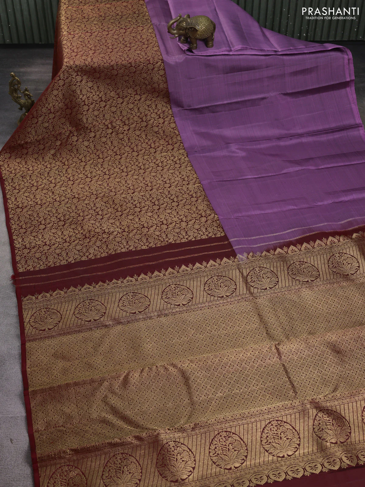 Pure kanchipuram silk saree purple and maroon with half & half style and long zari woven border - Image 2