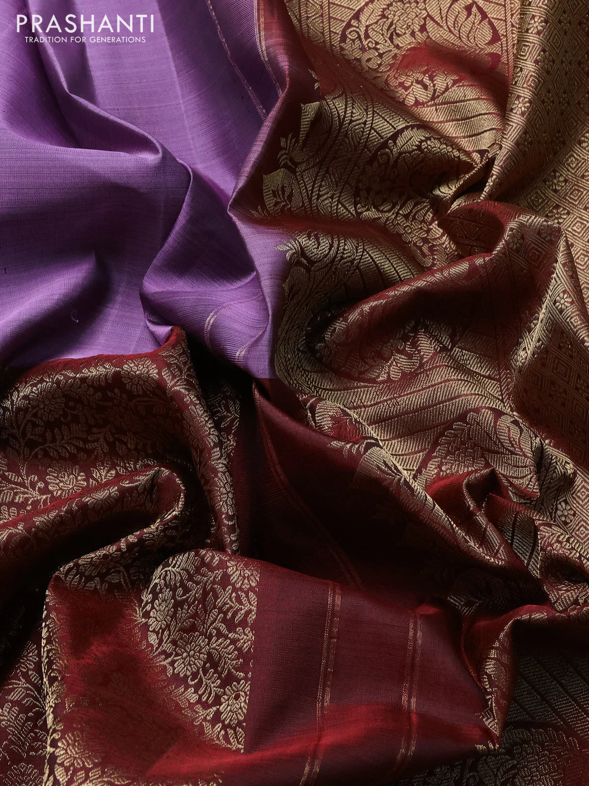 Pure kanchipuram silk saree purple and maroon with half & half style and long zari woven border - Image 3