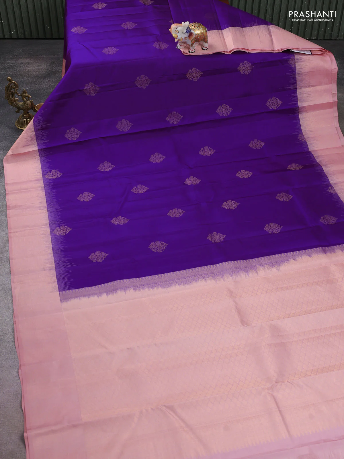 Pure kanchipuram silk saree purple and pastel peach with zari woven buttas and zari woven border - Image 2