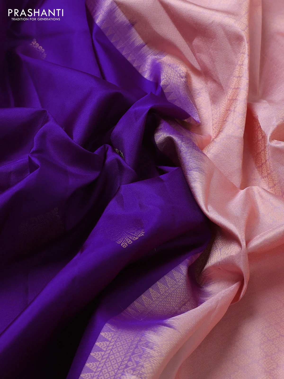 Pure kanchipuram silk saree purple and pastel peach with zari woven buttas and zari woven border - Image 3