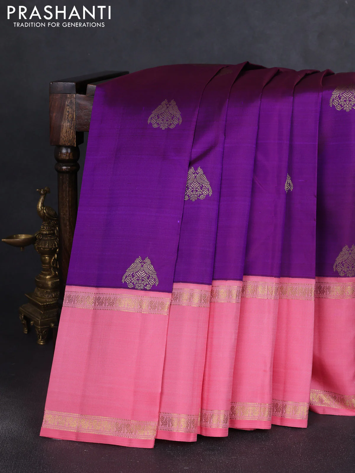 Pure kanchipuram silk saree purple and peach pink with zari woven buttas and long rettapet zari woven korvai border