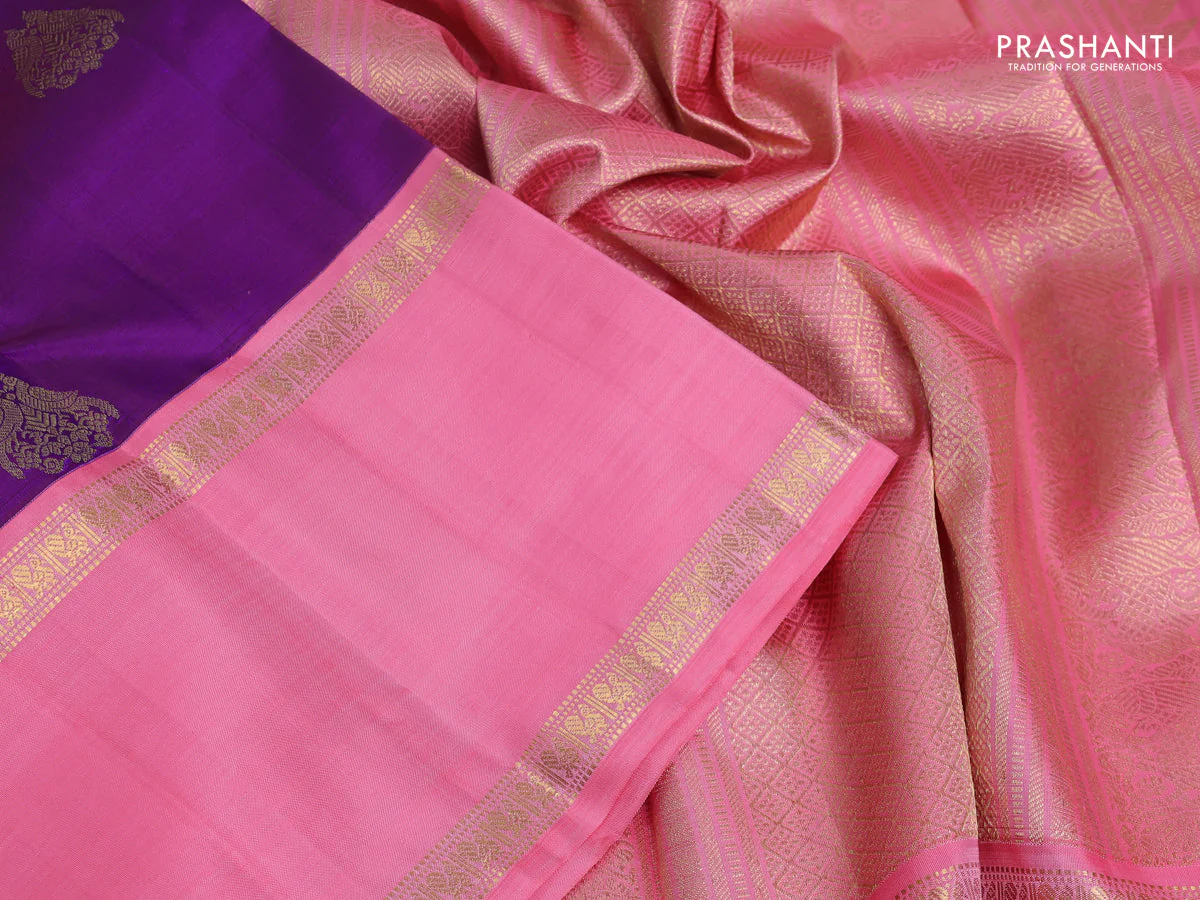 Pure kanchipuram silk saree purple and peach pink with zari woven buttas and long rettapet zari woven korvai border - Image 3