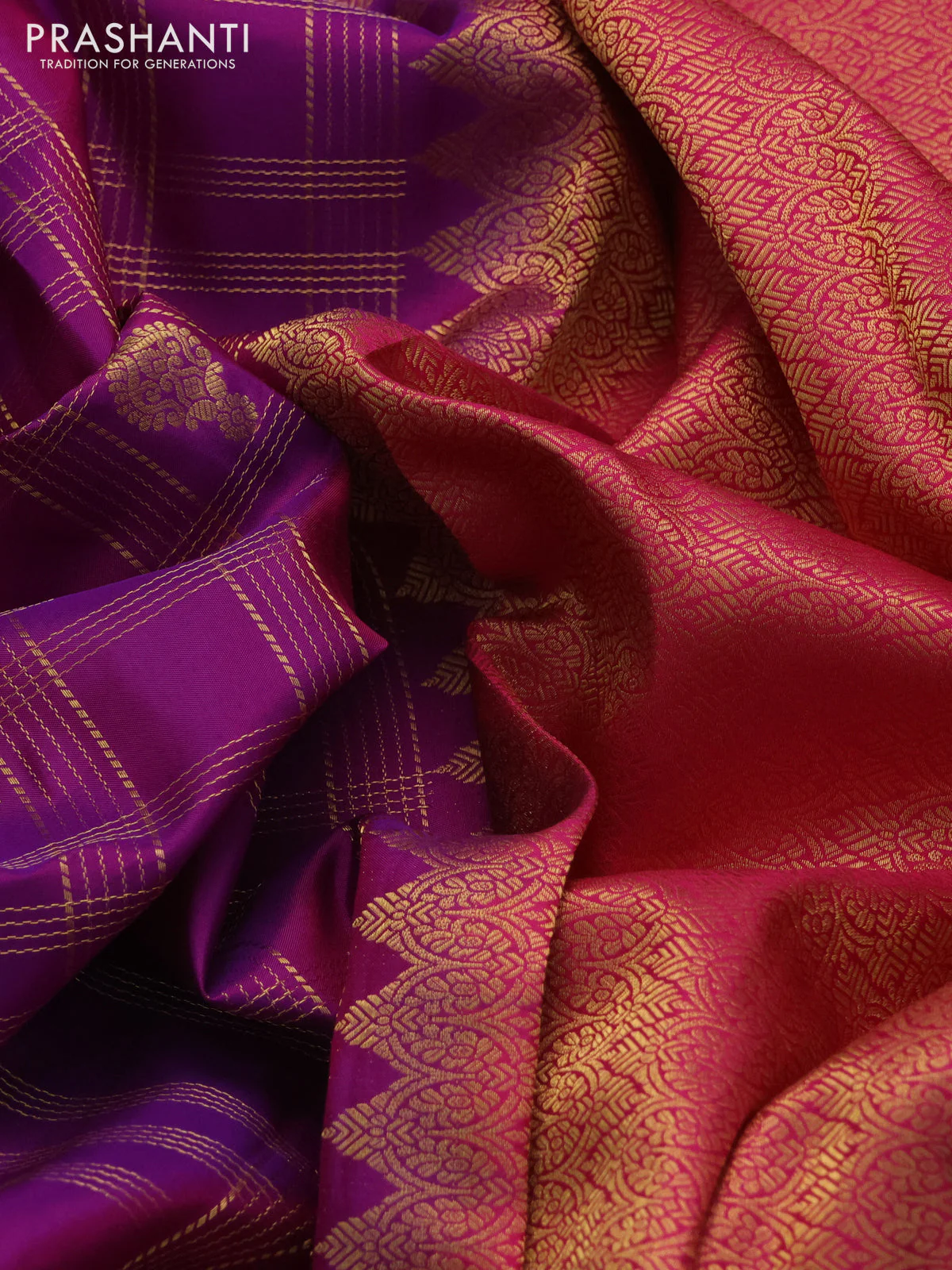 Pure kanchipuram silk saree purple and pink with allover zari checks & buttas and rich zari woven border - Image 3