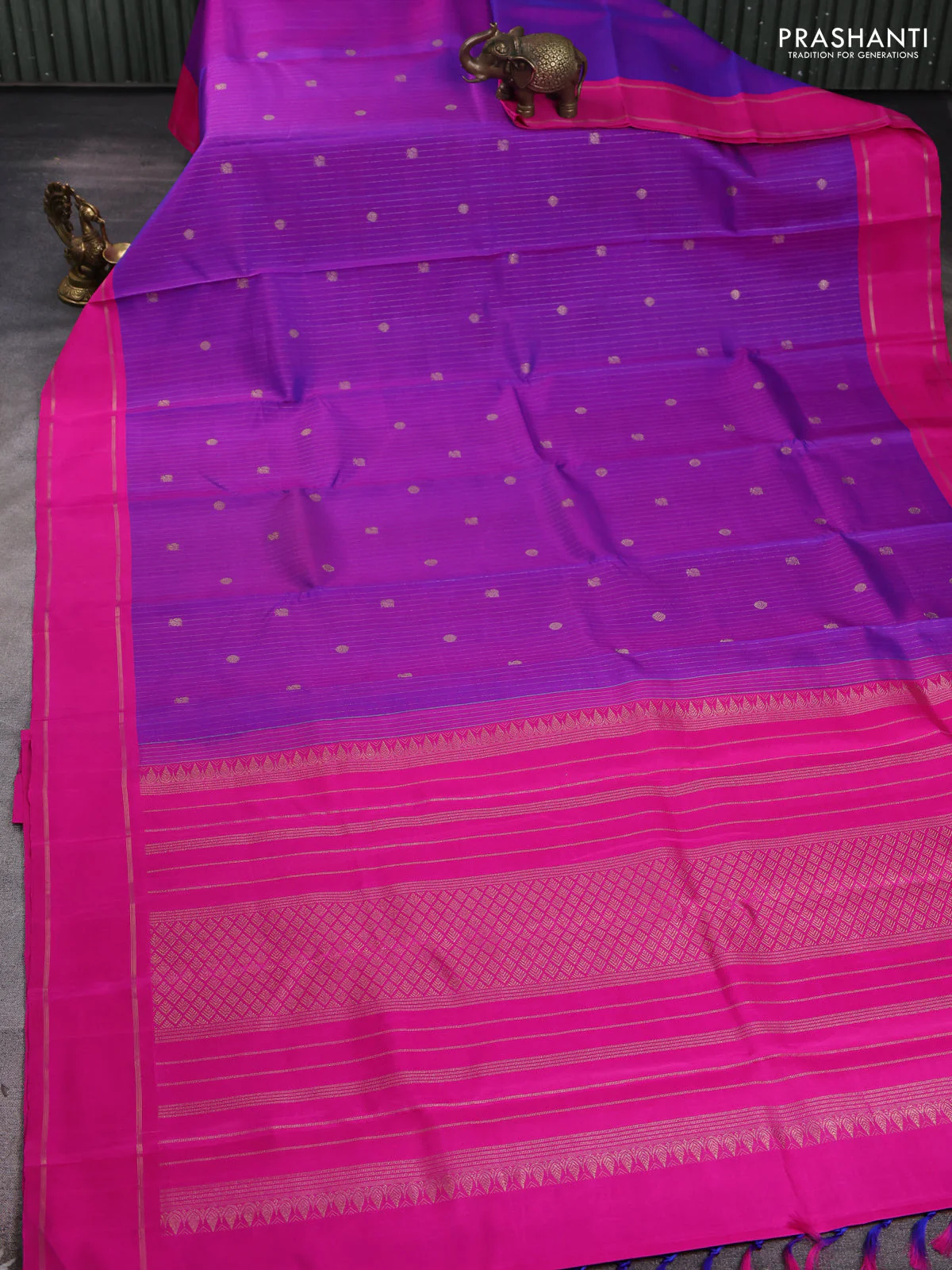 Pure kanchipuram silk saree purple and pink with allover zari stripe weaves & buttas and rettapet zari woven border - Image 2