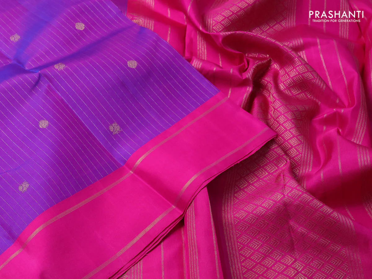 Pure kanchipuram silk saree purple and pink with allover zari stripe weaves & buttas and rettapet zari woven border - Image 3